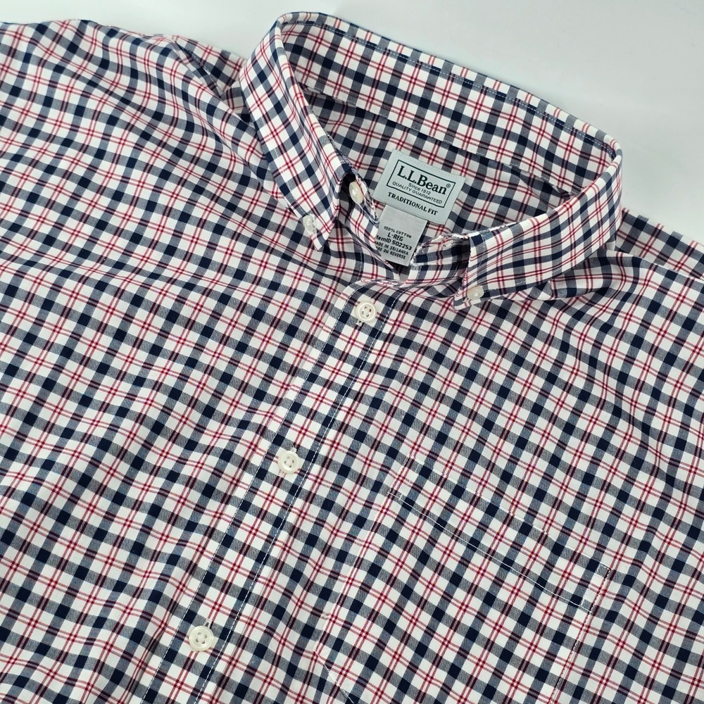 L.L. Bean Button Down Shirt Mens Large Red Blue White Plaid Short Sleeve Cotton